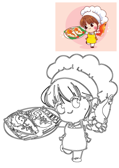 Cute chef girl cartoon with toque and apron holds a plate of delicious shrimp. Line art version is also included.