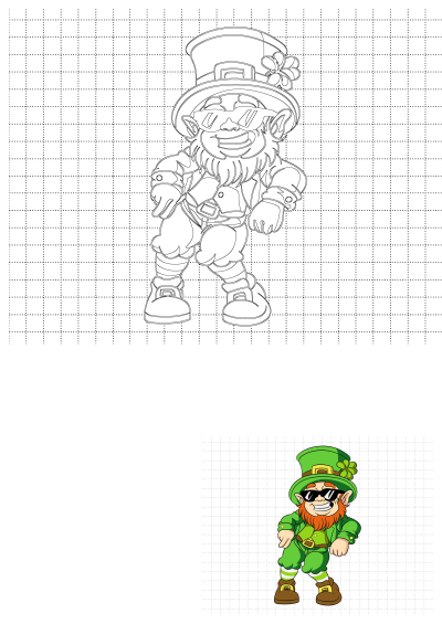 Cool leprechaun cartoon featuring sunglasses, a vibrant green hat with a shamrock, and a festive green outfit.