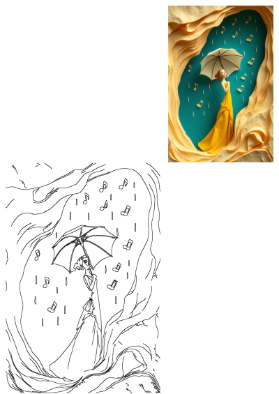 A stylized woman in a flowing yellow dress holds an umbrella as golden musical notes rain down on a teal background, framed by soft fabric.