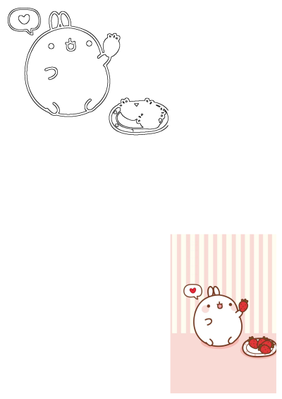 Charming illustration of a cute white bunny holding a fresh strawberry, with a plate of strawberries nearby. Sweet character with a heart bubble on a striped background.