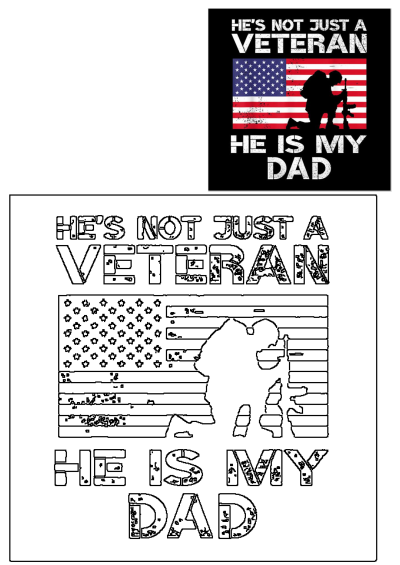 Patriotic Veteran Dad design featuring an American flag, kneeling soldier silhouette, and 'He's Not Just a Veteran He Is My Dad' text.