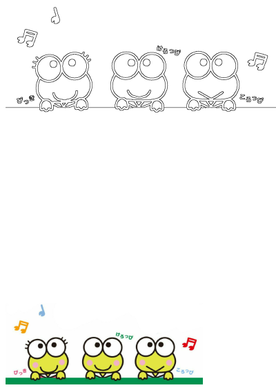 Kawaii Kerokerokeroppi and friends outline and colored illustrations, featuring cute frog characters with music notes.