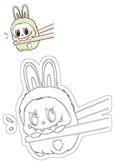 A cute, fluffy green bunny character sticker, looking determined while holding a baseball bat. Also features a black and white outline version.