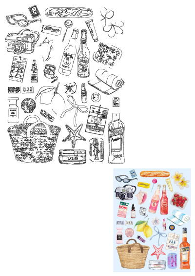 Vibrant watercolor collection of summer essentials: camera, sunglasses, beach bag, drinks, snacks, and travel items for vacation.