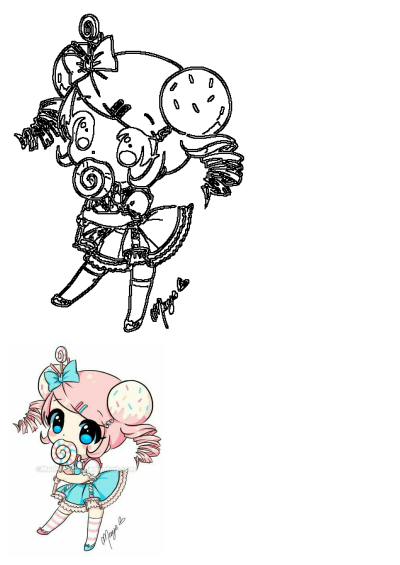 A cute anime candy girl with pink hair, a blue dress, and striped stockings, holding a colorful lollipop, a sweet treat.