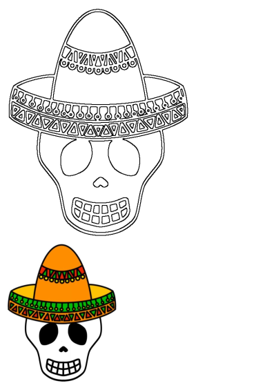 A vibrant cartoon skull wearing an orange, green, and red sombrero, alongside its black outline version, ideal for Mexican fiesta themes.