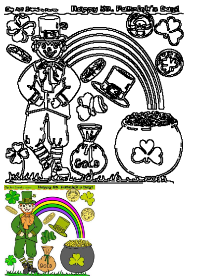 St. Patrick's Day leprechaun, pot of gold, rainbow, and shamrocks. Includes a detailed black and white outline and vibrant colored clipart.
