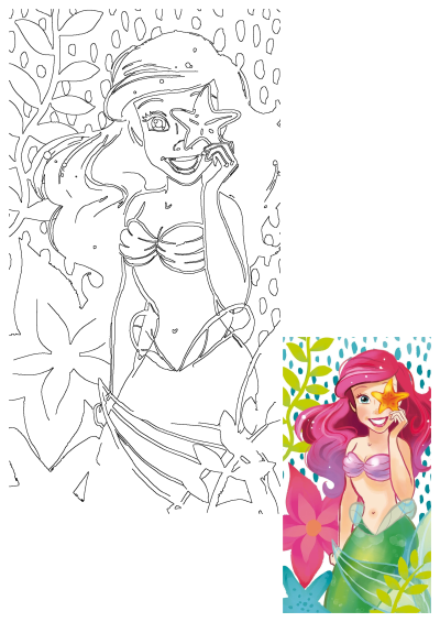 A smiling pink-haired mermaid playfully holding a starfish over one eye, surrounded by lush underwater plants and bubbles.