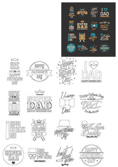Collection of Father's Day badges, emblems, and typography on black background, with outline versions. Features 'Super Dad,' 'Best Dad Ever,' mustaches, hats.