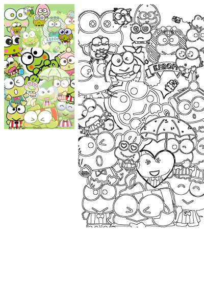 A vibrant Sanrio Keroppi character collage featuring multiple cute poses, alongside a detailed black and white outline for coloring.