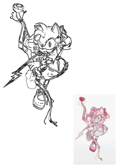 Detailed line art sketch of Amy Rose from Sonic the Hedgehog, holding a rose staff in an elegant pose. A small colored version is also shown.