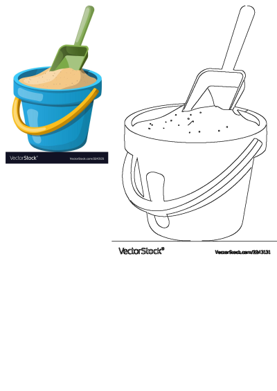 A vibrant blue bucket with a yellow handle, filled with sand and a green shovel. Cartoon vector art, also includes an outline version for activities.