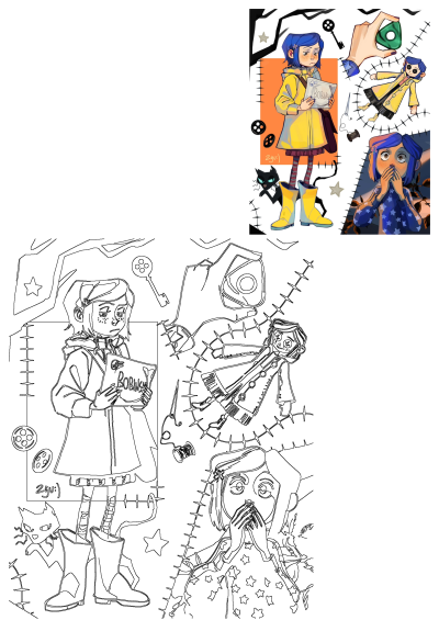 Expressive Coraline fanart from Laika Studios' film 'Coraline and the Secret Door'. Features Coraline, button-eyed doll, black cat, and key.