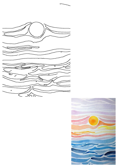 Abstract watercolor painting depicting a vibrant sunrise over the ocean. Features a yellow sun, colorful abstract sky, and blue waves.