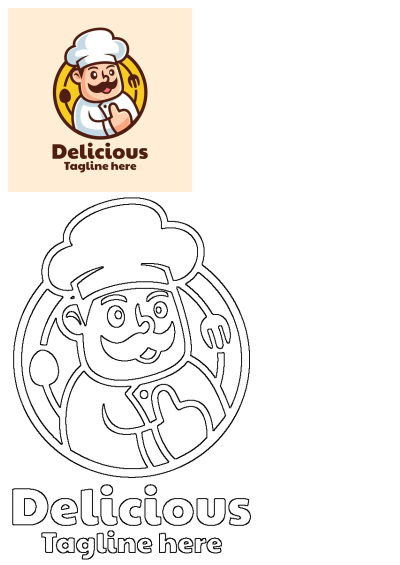 Chef With Mustache Thumbs Up Food Logo Design. A friendly cartoon chef in a hat holds a spoon and fork within a yellow 'Delicious' logo.
