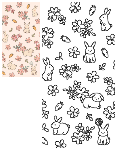 A charming neutral Easter bunny and floral pattern wallpaper, featuring cute bunnies, pink blossoms, and carrots on a soft peach background.