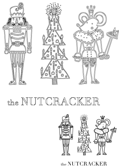 Outline of Nutcracker characters: toy soldier, Mouse King with scepter, and a festive Christmas tree, with "the NUTCRACKER" text.