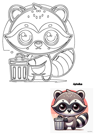 Black and white outline of a cute cartoon raccoon holding a trash can. An adorable animal illustration ready for coloring.