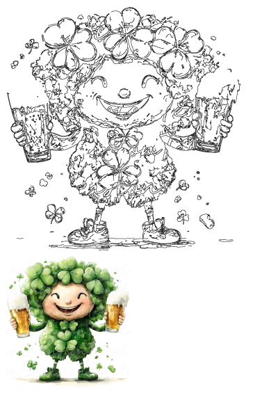 A happy cartoon leprechaun figure made of vibrant green shamrocks, smiling broadly and holding two frothy beers for St. Patrick's Day.