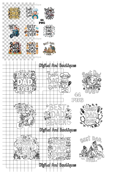 Diverse 'Best Dad Ever' sticker designs for Father's Day, featuring military, chef, biker, camper, mechanic, medical, and animal lover dads.