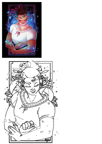 Portrait of a serene woman with dark skin, freckles, messy bun, and arms crossed, eyes closed, glowing against a magical black cosmic background.