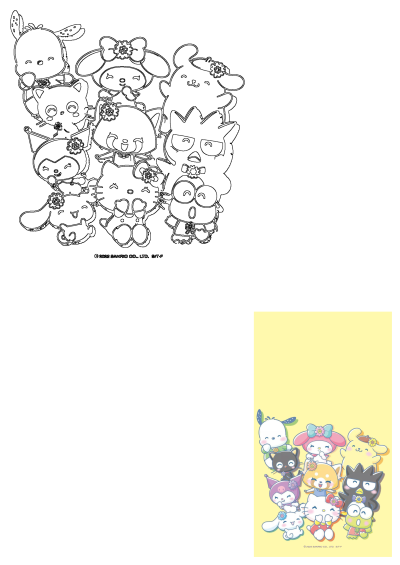A cheerful group of Hello Kitty and various Sanrio friends, including My Melody, Cinnamoroll, and Badtz-Maru, on a vibrant yellow background.