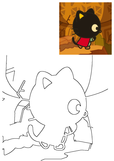 Cute cartoon black cat with red cape and yellow ear stands on a wooden platform against an autumn backdrop; includes an outline drawing.