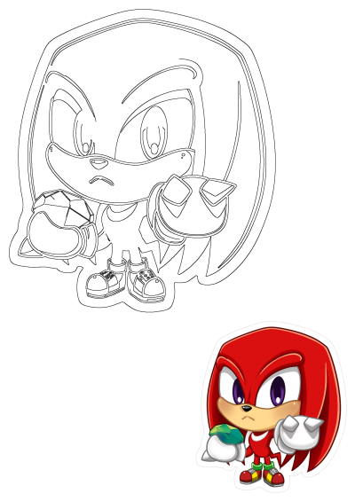 Knuckles the Echidna from Sonic holding a green emerald. Features both line art and a colored illustration of the character.