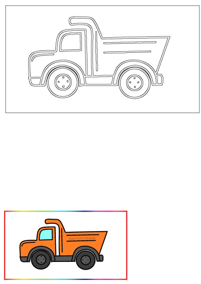 Vibrant cartoon orange dump truck illustration, featuring a blue window, grey tires, and 'BASTELTRUHE' text on its side.