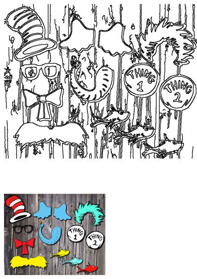 Dr. Seuss photo booth props for party, birthday, or baby shower, including Cat in Hat, Thing 1 & 2 signs, glasses, mustache, and fish.