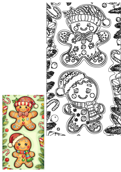 Two adorable gingerbread men in festive hats and scarves, surrounded by Christmas decorations like candy canes, pine branches, and gifts.