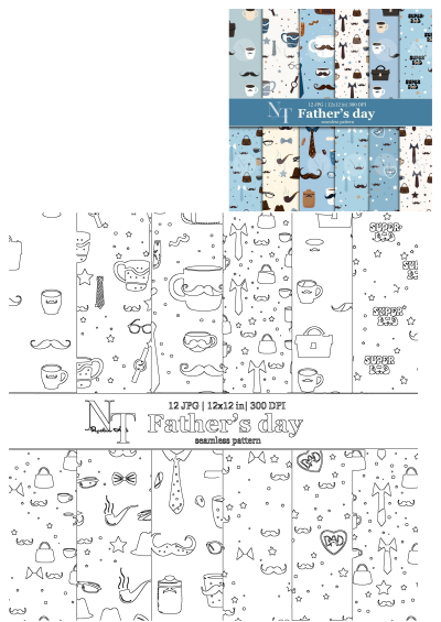 Fathers Day digital papers featuring seamless patterns with mustaches, hats, ties, coffee cups, and 'SUPER DAD' elements, ideal for crafts.