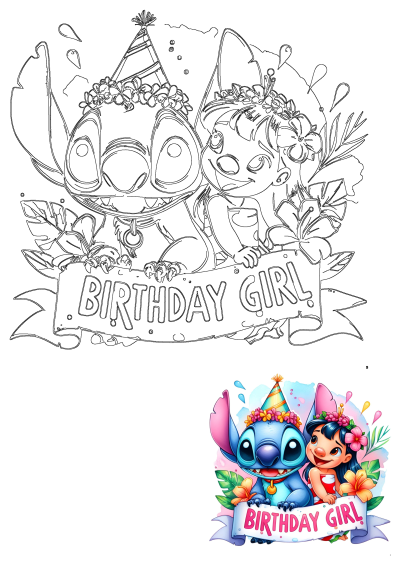 Lilo and Stitch celebrate a birthday, with Stitch in a party hat and Lilo in a flower crown, holding a 'BIRTHDAY GIRL' banner amidst tropical leaves. Perfect Disney artwork.