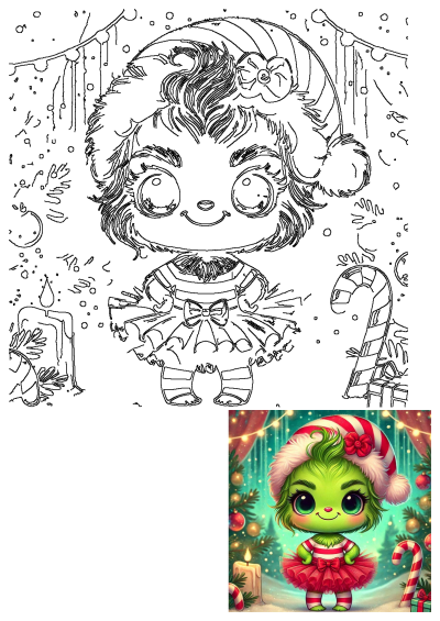 An adorable Grinch Christmas cartoon character in a Santa hat, striped top, and red tutu, surrounded by festive Christmas decorations.