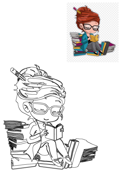 Cute cartoon woman illustration reading a book, sitting on a stack of books. Includes a black and white outline version.