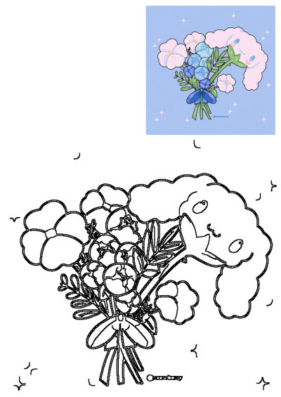 A whimsical Cinnamoroll floral bouquet, featuring cute pink and blue flowers, tied with a blue ribbon, on a light blue starry background.