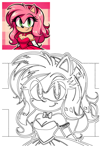 Amy Rose fan art depicts her in a vibrant red dress, with signature pink quills and green eyes, alongside a clean line art version for creative activities.
