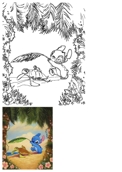 A colorful painting depicts Stitch holding a large green leaf over a mother turtle and her baby on a sunny tropical beach, framed by palm trees and flowers.