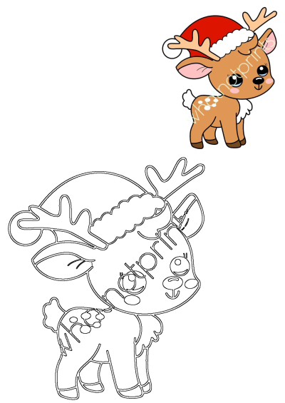 A cute cartoon reindeer wearing a Santa hat, presented in both a vibrant colored version and a detailed black and white outline for printing.