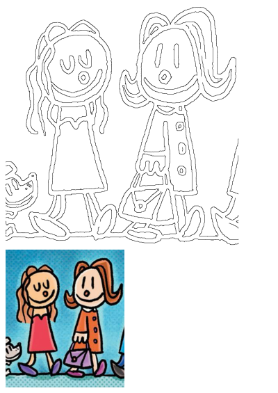 Outline of two cheerful female Dog Man characters walking together, one in a dress, the other in a coat carrying a purse. A small dog is also present.
