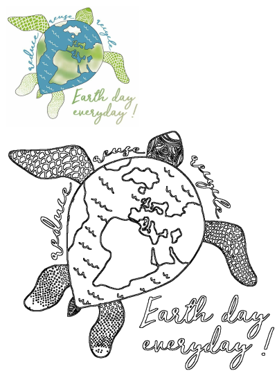 This Earth Day turtle drawing features a globe shell, promoting reduce, reuse, recycle messages and 'Earth day everyday!'