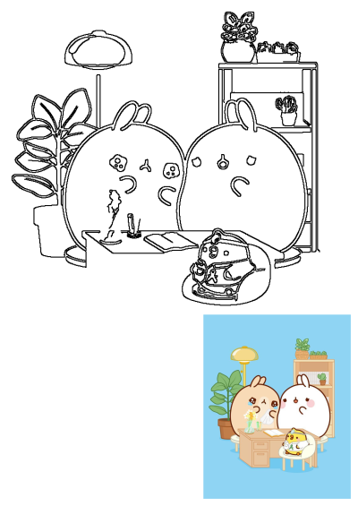 Illustration of cute cartoon characters at an office desk, one crying, being attended by a chick doctor. Features plants and a bookshelf.