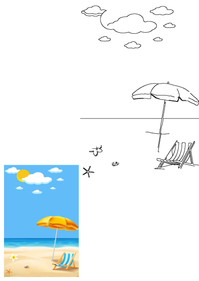 Enjoy a sunny beach relaxation scene with a yellow umbrella, striped chair, ocean, and golden sand under a blue sky.