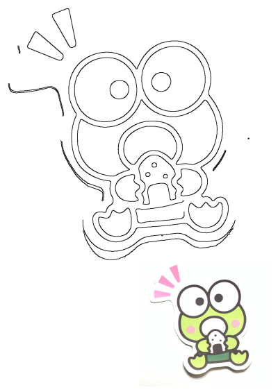 A cute Keroppi sticker with pink blush, happily holding and eating an onigiri, accompanied by a large Keroppi outline drawing.