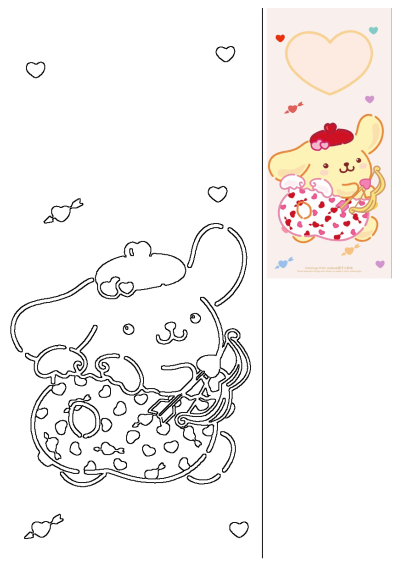 Cute Pom Pom Purin Cupid hearts kawaii wallpaper featuring Pompompurin dressed as Cupid with a bow and arrow, alongside an outline version for crafts.
