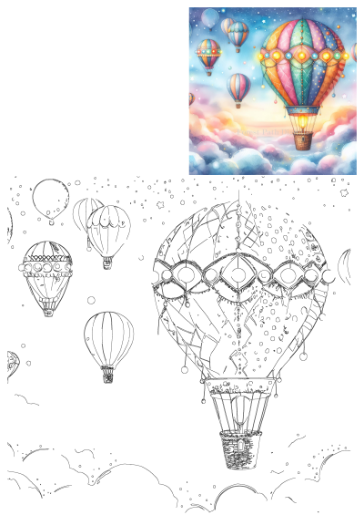 Vibrant watercolor hot air balloons drift through a starry, cloud-filled sky, featuring celestial charm. Also includes line art outlines of balloons and clouds.