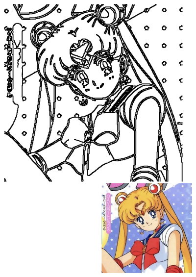 An outline drawing of Sailor Moon, the iconic anime character with blonde hair and big eyes, wearing her sailor uniform. Ideal for fans.