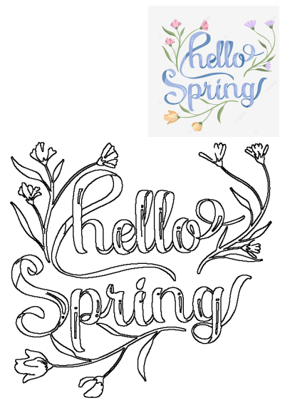 Blue 'Hello Spring' text adorned with pink, purple, and orange flowers on green stems. Also includes a black outline version.