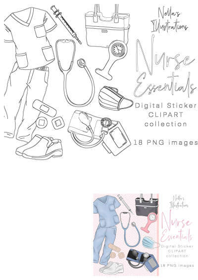 Nurse Essentials Clipart Digital Stickers Personal Use featuring scrubs, stethoscope, medical bag, syringe, mask, shoes, and band-aids.