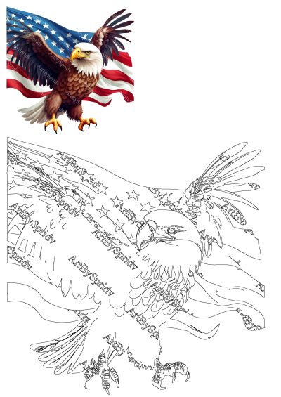 Majestic American Bald Eagle, a patriotic USA symbol, depicted with spread wings against a flag background. Includes a detailed outline.